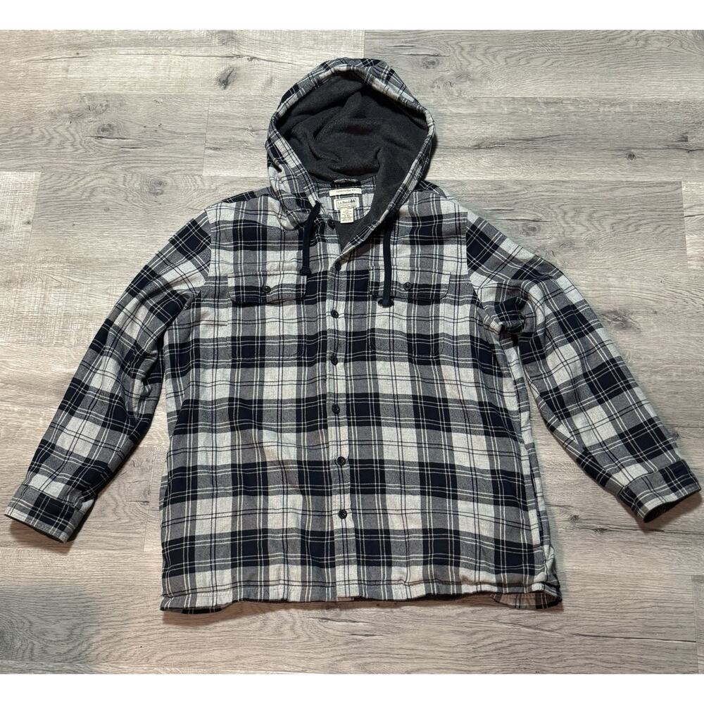 LL Bean Shacket Men’s XL Flannel Plaid Fleece Gray Thermal Hooded Shirt 298193